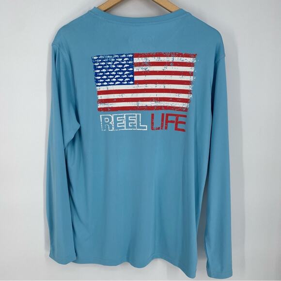 Reel Life Men’s Shirt U.S.A. Flag Graphic Outdoor Fishing Summer River UPF+50 M - Picture 1 of 8